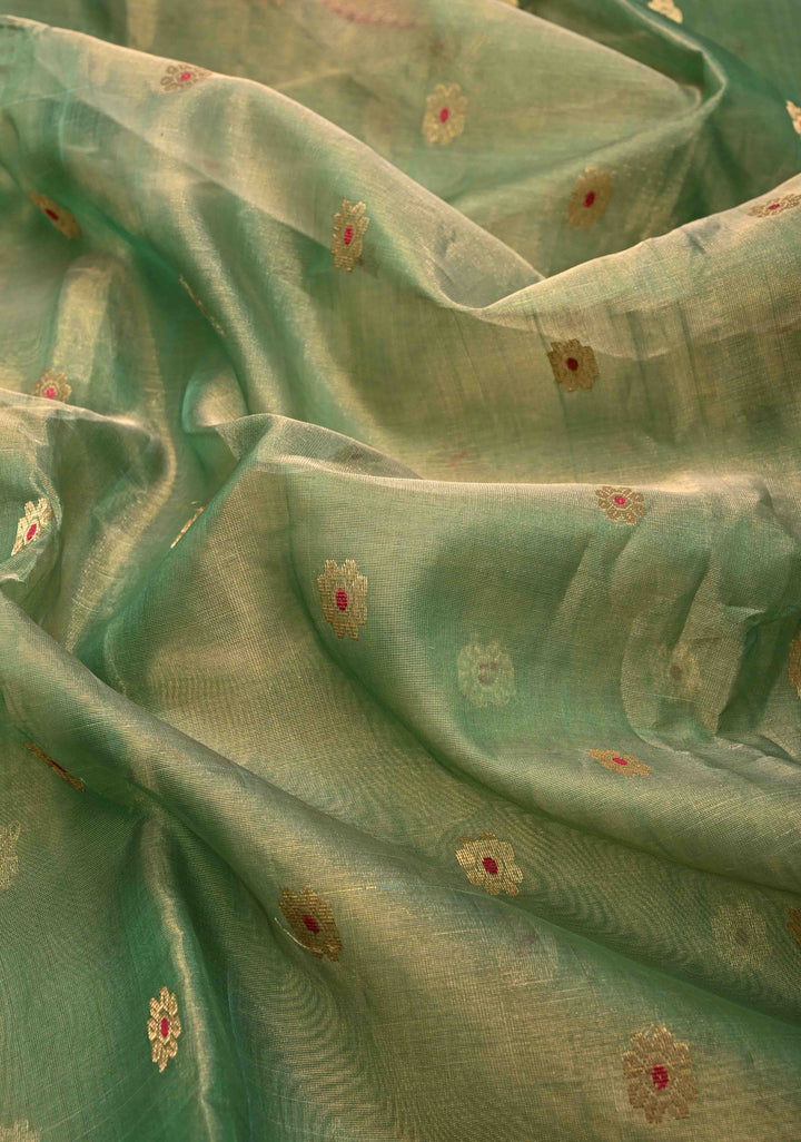 Moss Green Tissue Chanderi Silk Saree with Meenakari Buttas and Contrast Zari Borders