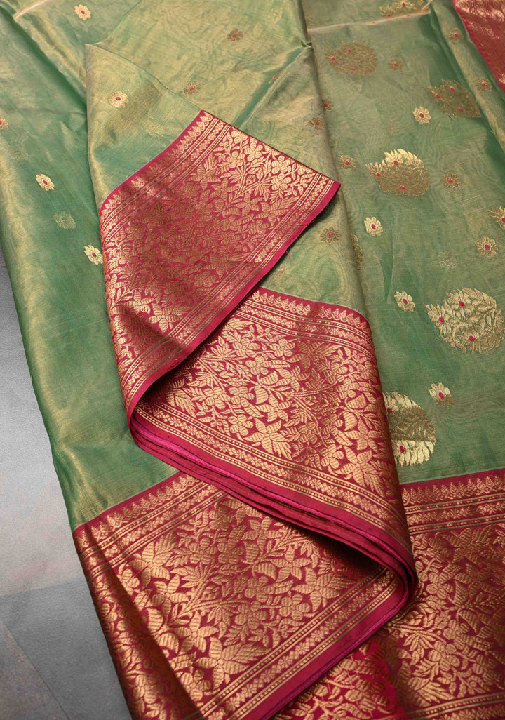 Moss Green Tissue Chanderi Silk Saree with Meenakari Buttas and Contrast Zari Borders