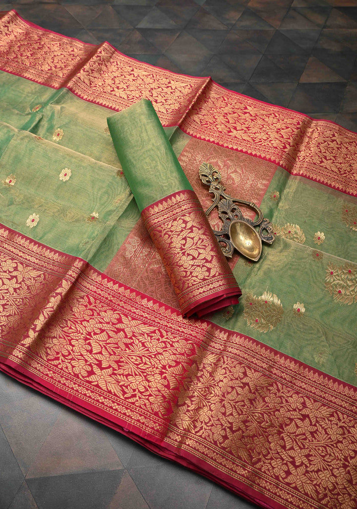 Moss Green Tissue Chanderi Silk Saree with Meenakari Buttas and Contrast Zari Borders