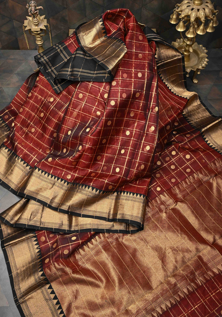 Brown Chanderi Zari Checks and Buttas Silk Saree With Contrast Border