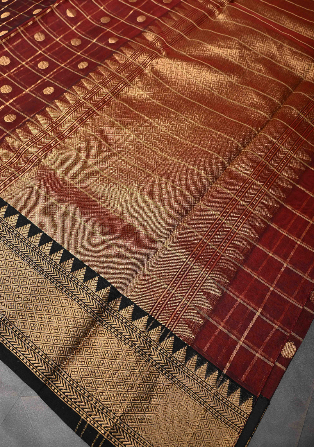 Brown Chanderi Zari Checks and Buttas Silk Saree With Contrast Border