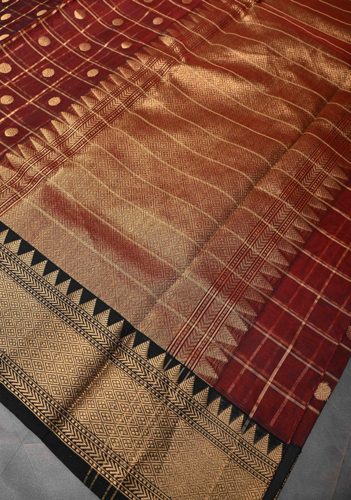 Brown Chanderi Zari Checks and Buttas Silk Saree With Contrast Border