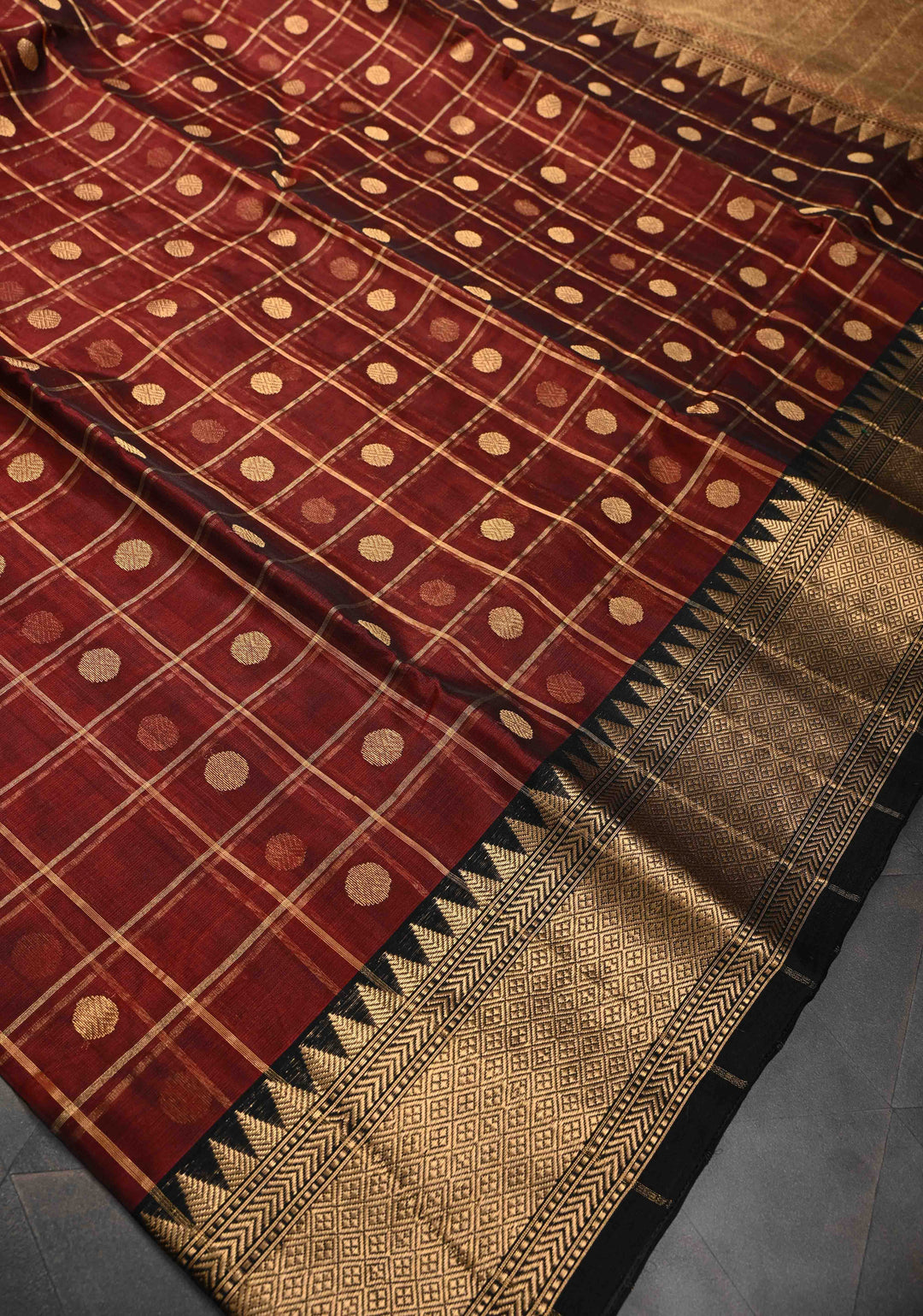 Brown Chanderi Zari Checks and Buttas Silk Saree With Contrast Border