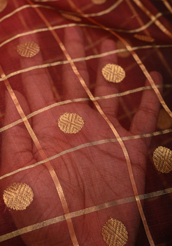 Brown Chanderi Zari Checks and Buttas Silk Saree With Contrast Border