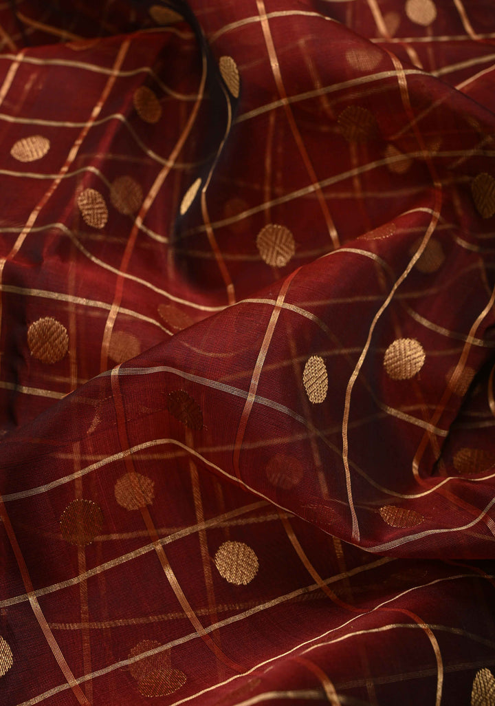 Brown Chanderi Zari Checks and Buttas Silk Saree With Contrast Border