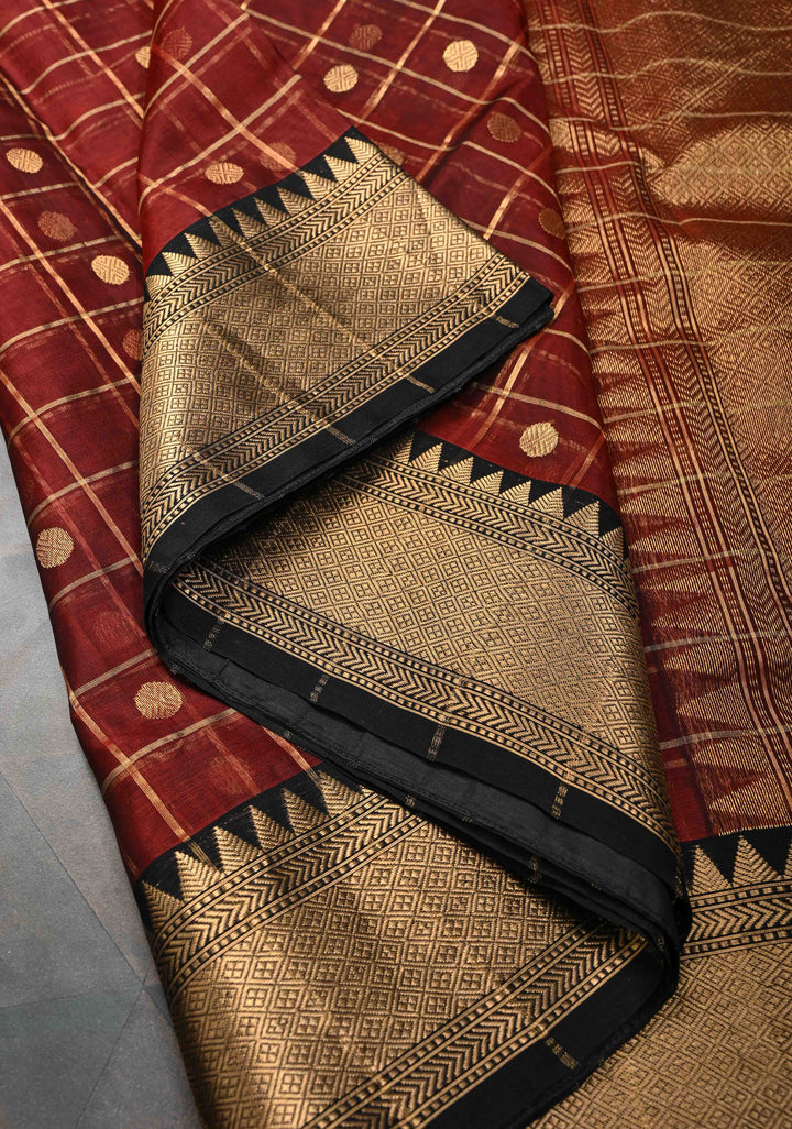 Brown Chanderi Zari Checks and Buttas Silk Saree With Contrast Border
