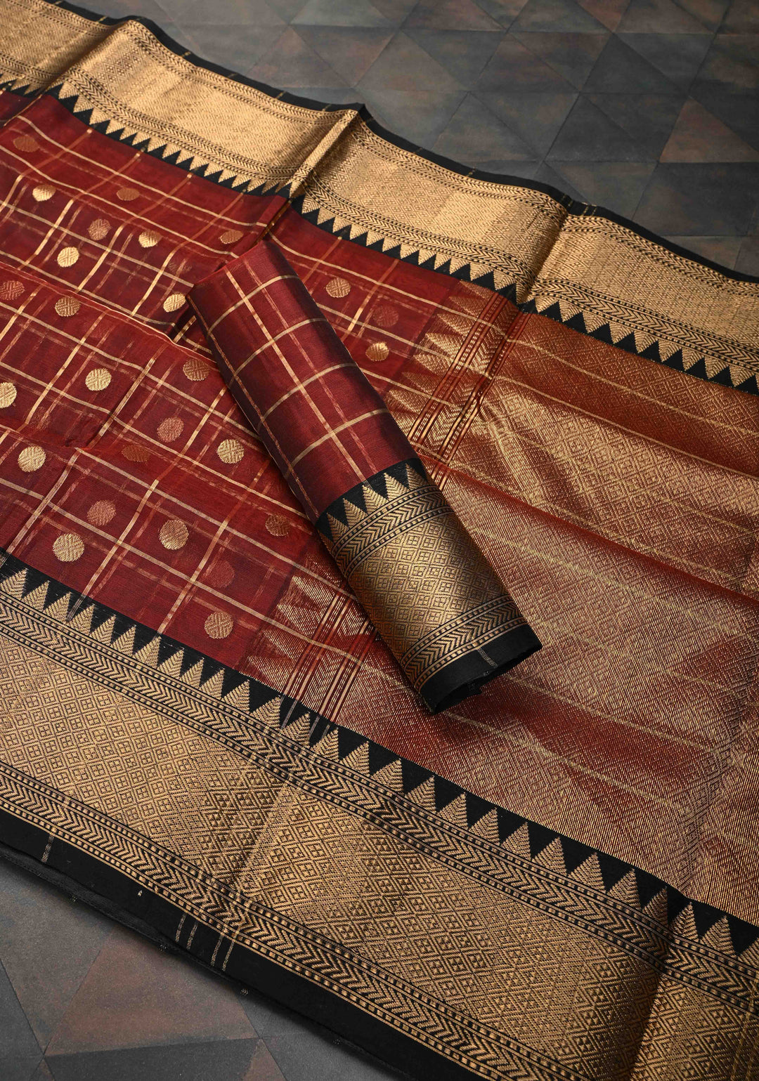 Brown Chanderi Zari Checks and Buttas Silk Saree With Contrast Border