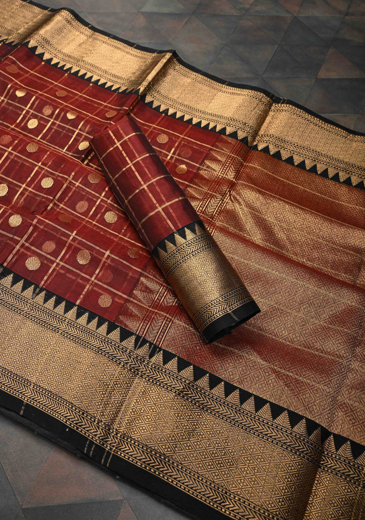 Brown Chanderi Zari Checks and Buttas Silk Saree With Contrast Border