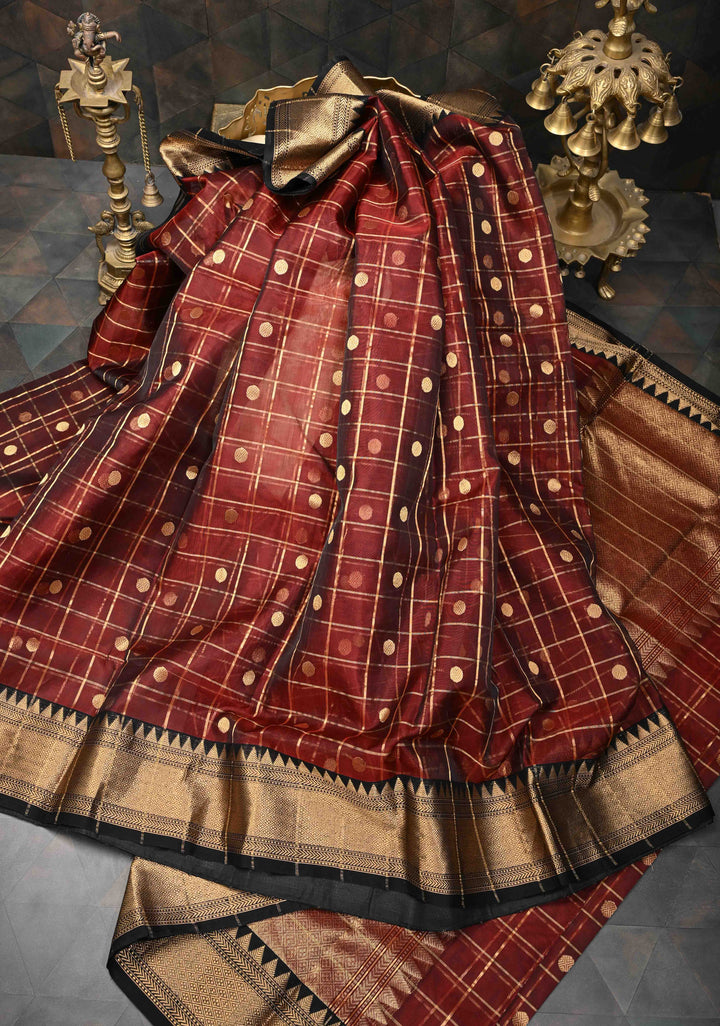 Brown Chanderi Zari Checks and Buttas Silk Saree With Contrast Border