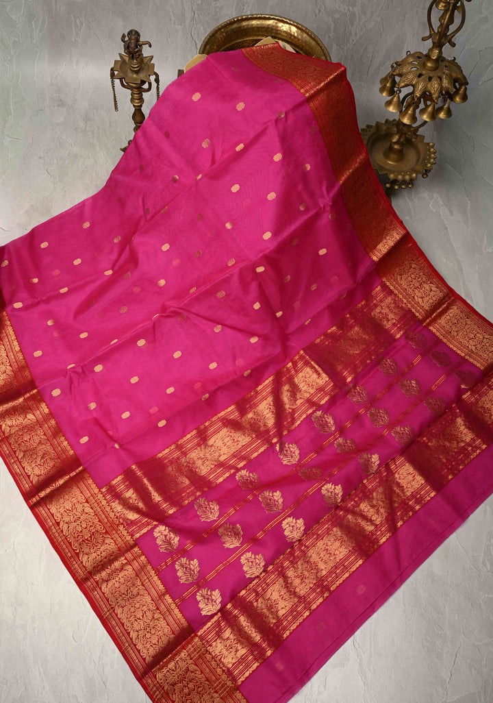 Chanderi Silk Saree in Red with Zari Buttas and Contrast Zari Borders (Copy)