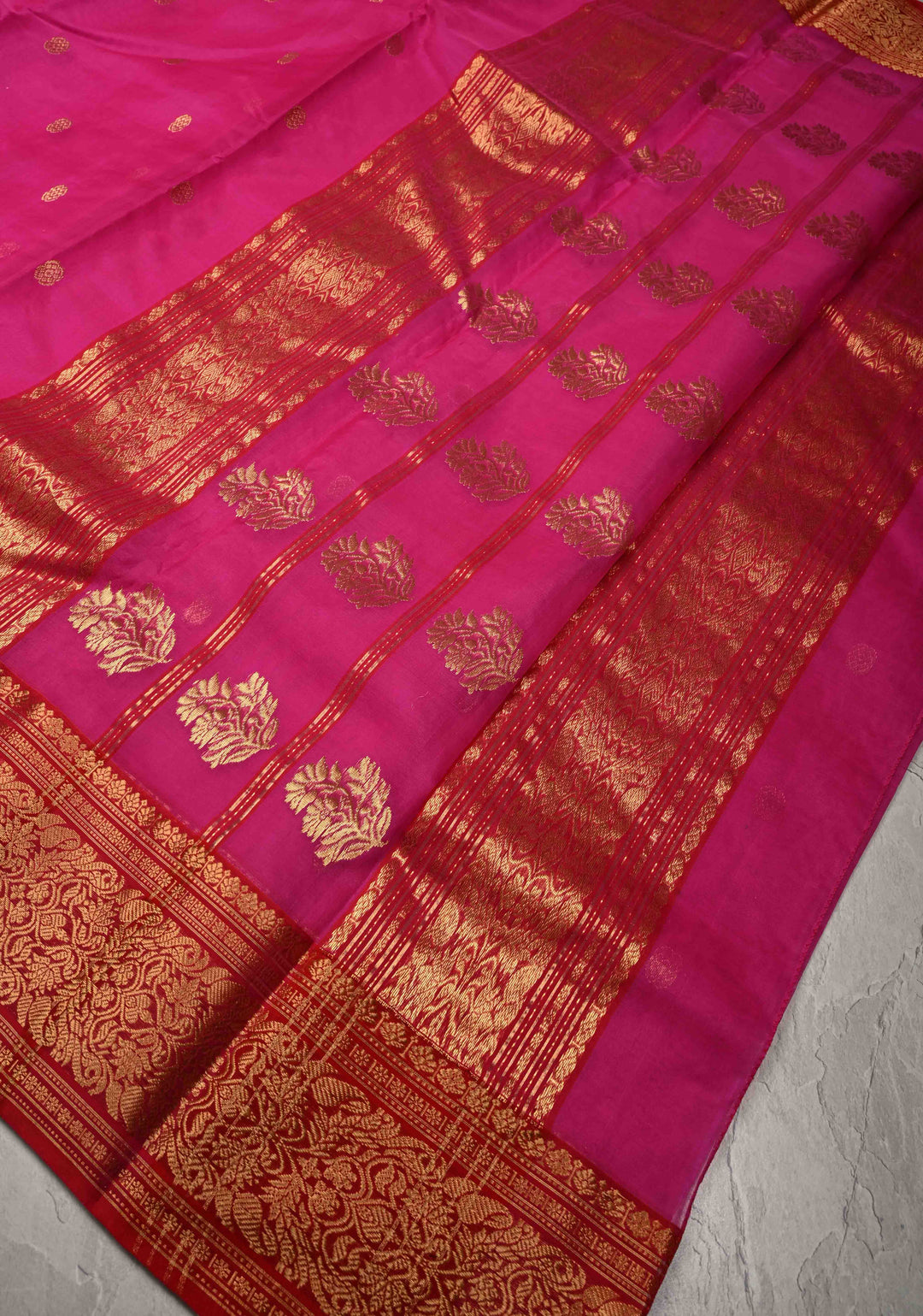 Chanderi Silk Saree in Red with Zari Buttas and Contrast Zari Borders (Copy)