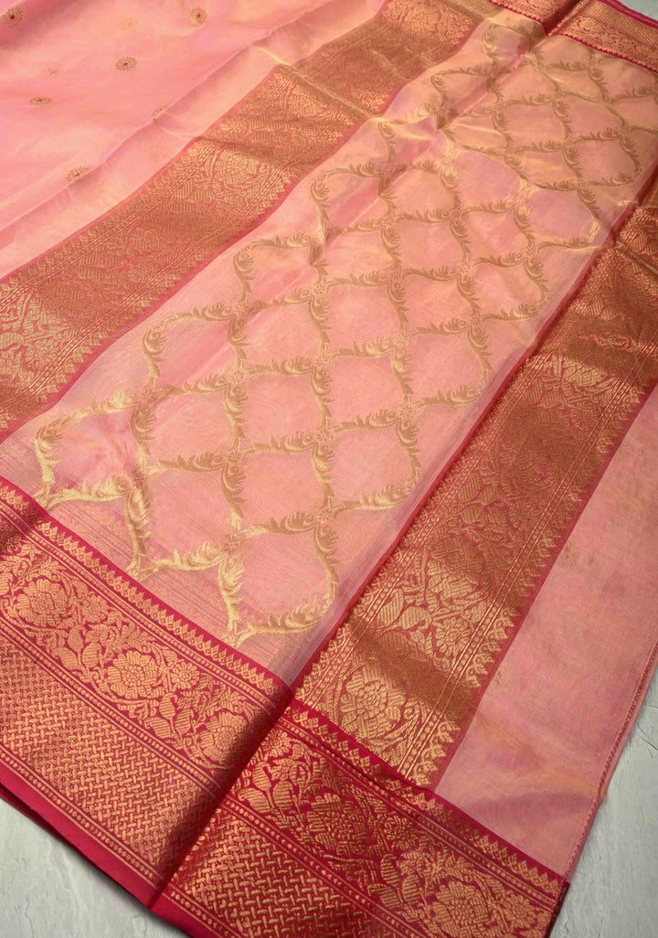Pink Dual tone Tissue Chanderi Silk Saree with Meenakari Floral Buttas and Contrast Zari Borders | SHOBITAM