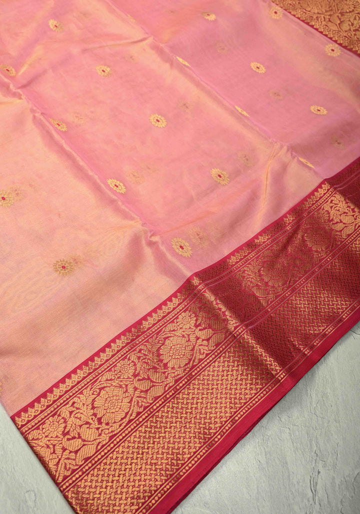 Pink Dual tone Tissue Chanderi Silk Saree with Meenakari Floral Buttas and Contrast Zari Borders | SHOBITAM