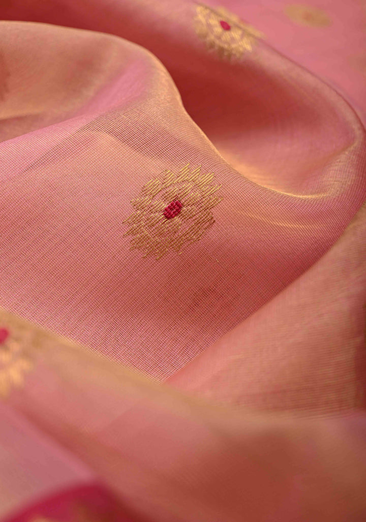 Pink Dual tone Tissue Chanderi Silk Saree with Meenakari Floral Buttas and Contrast Zari Borders | SHOBITAM