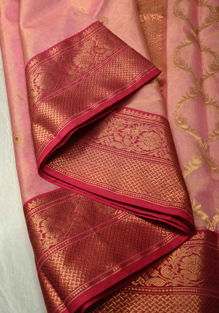 Pink Dual tone Tissue Chanderi Silk Saree with Meenakari Floral Buttas and Contrast Zari Borders | SHOBITAM