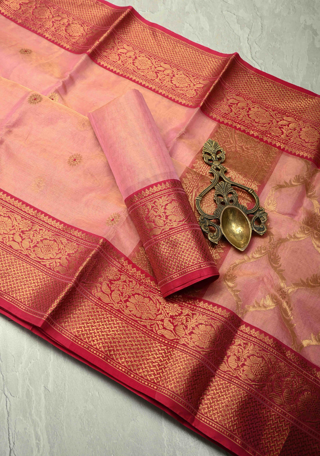 Pink Dual tone Tissue Chanderi Silk Saree with Meenakari Floral Buttas and Contrast Zari Borders | SHOBITAM