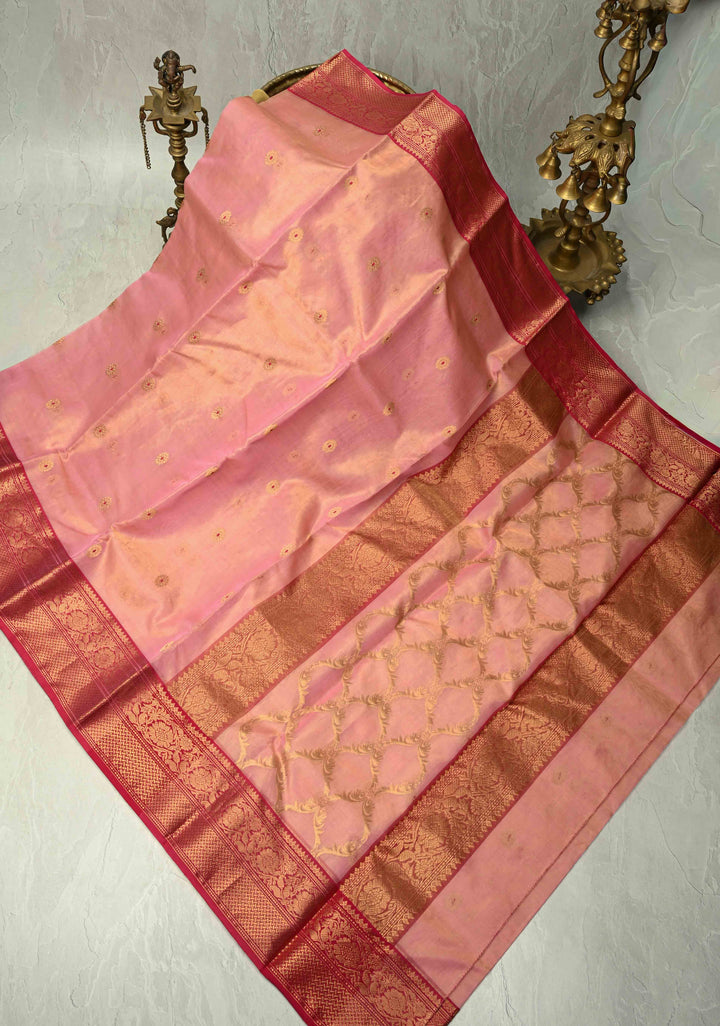 Pink Dual tone Tissue Chanderi Silk Saree with Meenakari Floral Buttas and Contrast Zari Borders | SHOBITAM