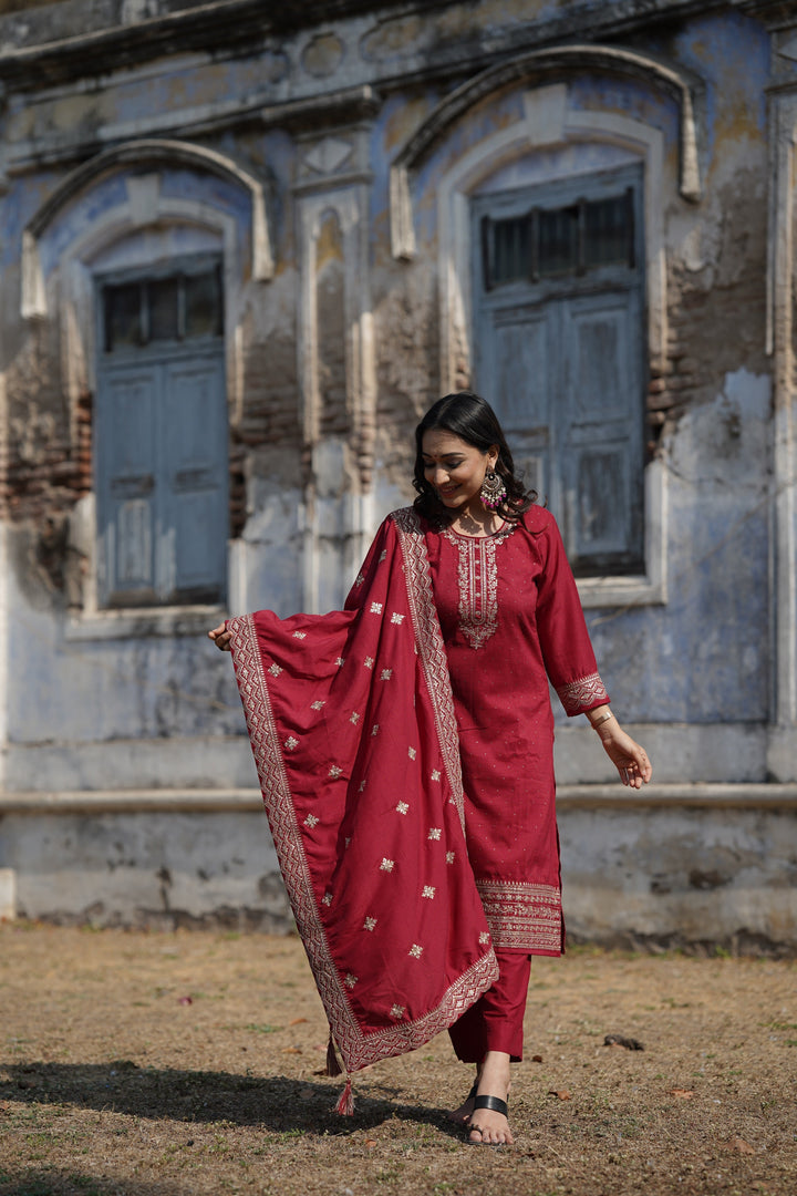 Maroon Silk Blend Solid Straight Kurta Trousers With Dupatta | SHOBITAM