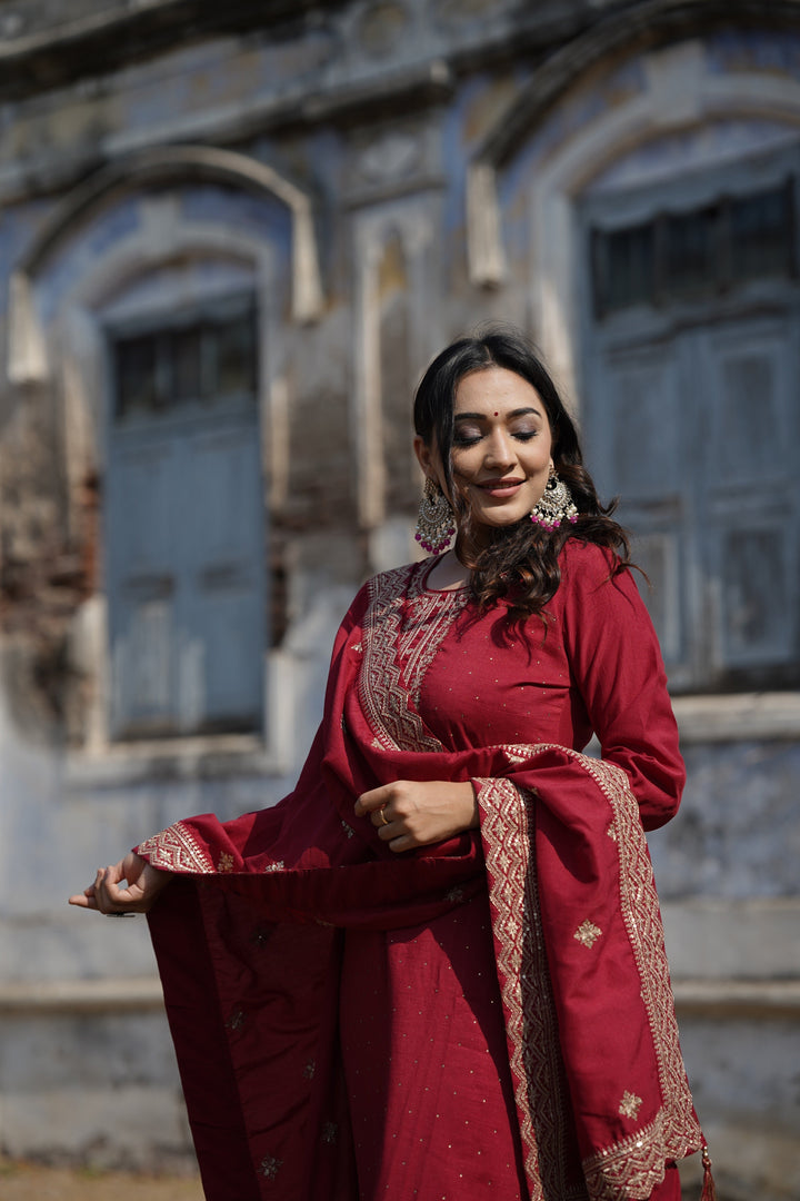 Maroon Silk Blend Solid Straight Kurta Trousers With Dupatta | SHOBITAM