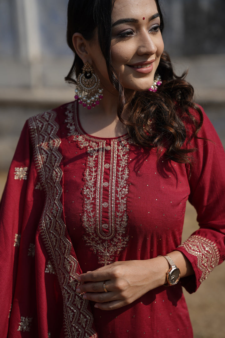 Maroon Silk Blend Solid Straight Kurta Trousers With Dupatta | SHOBITAM