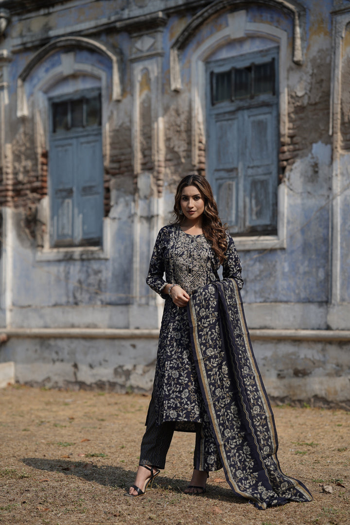 Black Silk Blend Floral Straight Kurta Trousers With Dupatta | SHOBITAM