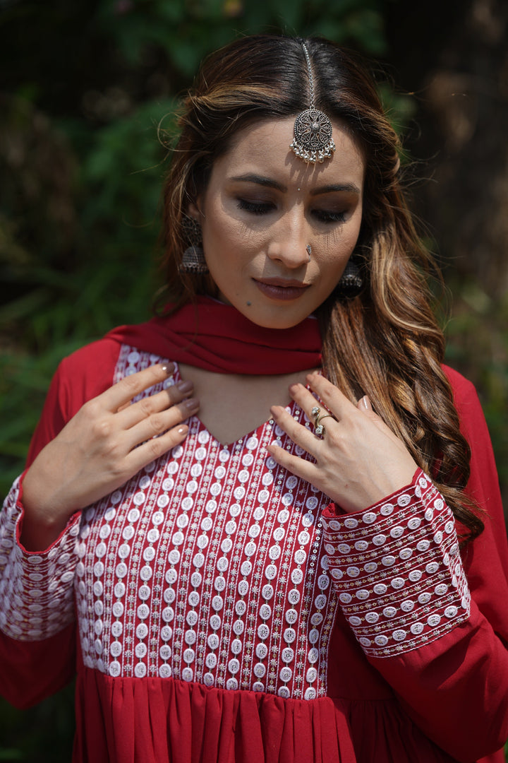 Red Poly Georgette Yoke Design Suit Set | SHOBITAM