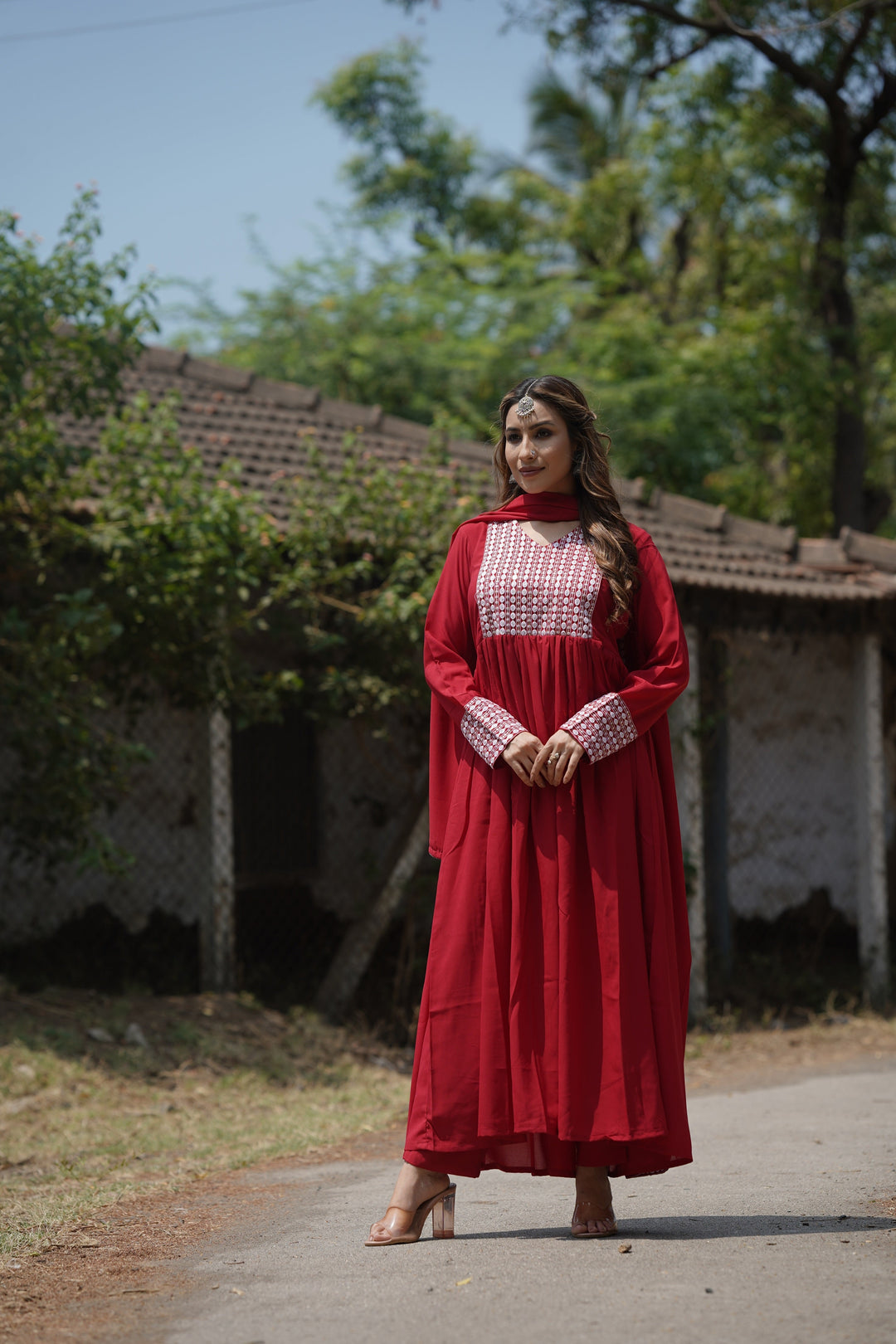 Red Poly Georgette Yoke Design Suit Set | SHOBITAM