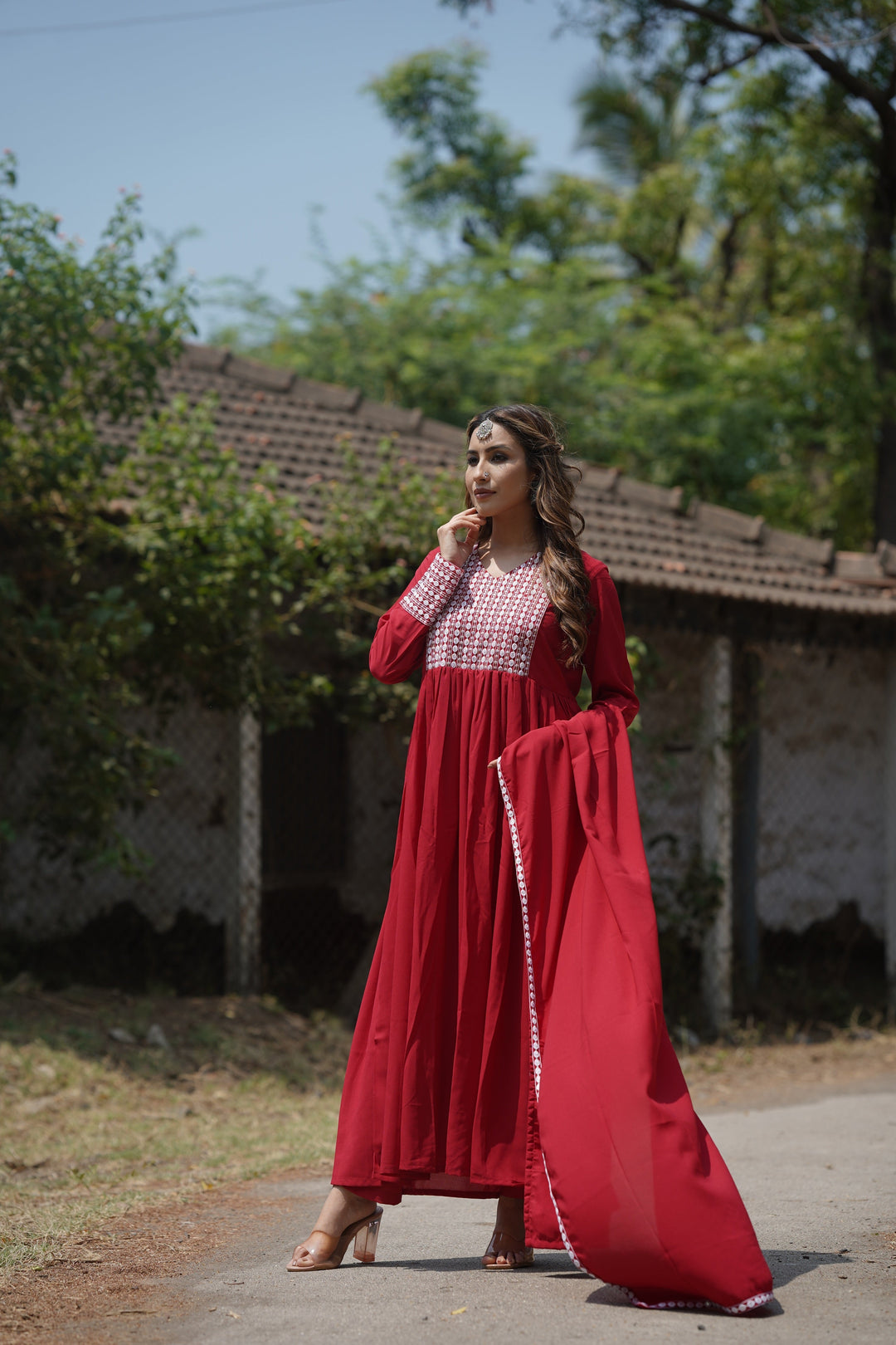 Red Poly Georgette Yoke Design Suit Set | SHOBITAM