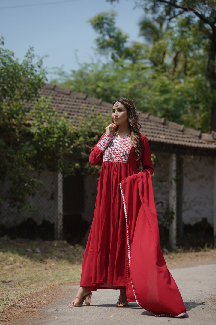 Red Poly Georgette Yoke Design Suit Set | SHOBITAM