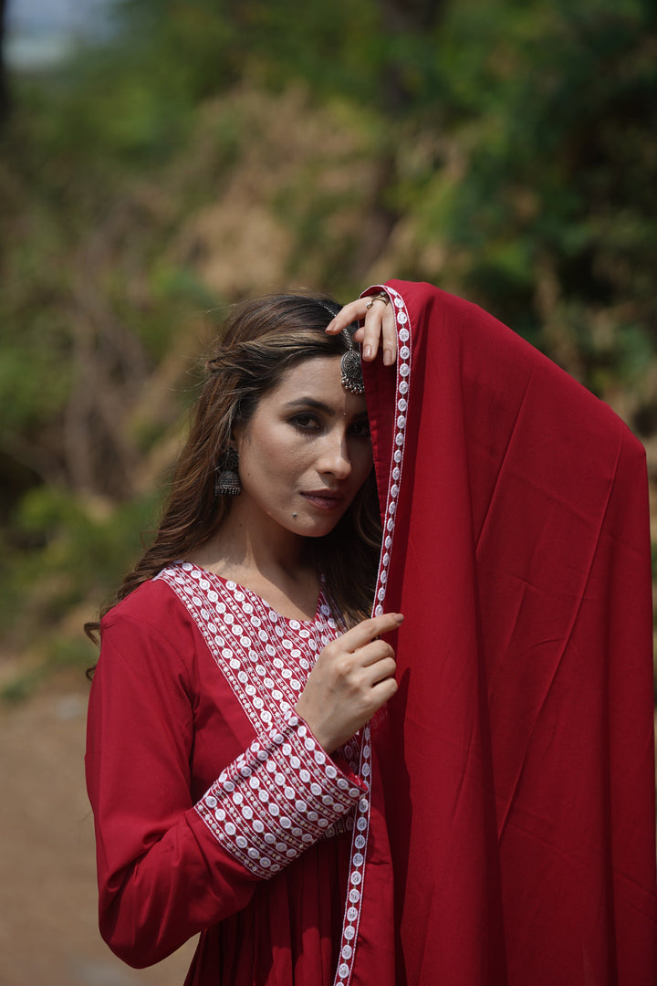 Red Poly Georgette Yoke Design Suit Set | SHOBITAM