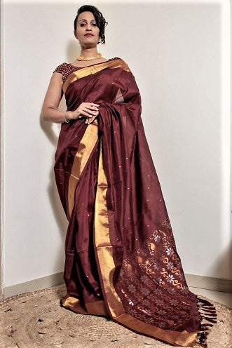 Mahogany - Designer Handwoven Uppada Jamdani Silk Saree | SILK MARK CERTIFIED | SHOBITAM