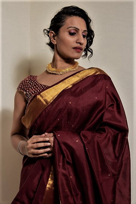 Mahogany - Designer Handwoven Uppada Jamdani Silk Saree | SILK MARK CERTIFIED | SHOBITAM