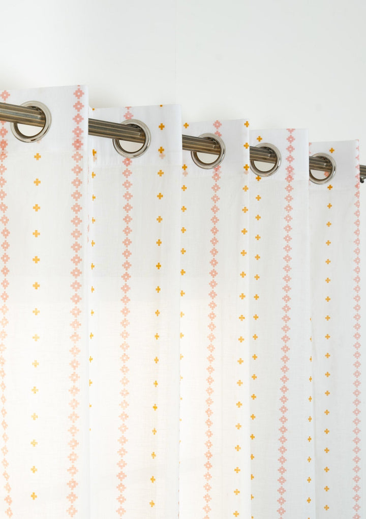 Mallige geometric minimal 100% cotton sheer curtain for living room - Light filtering - Rust and Mustard - Single Piece | SHOBITAM