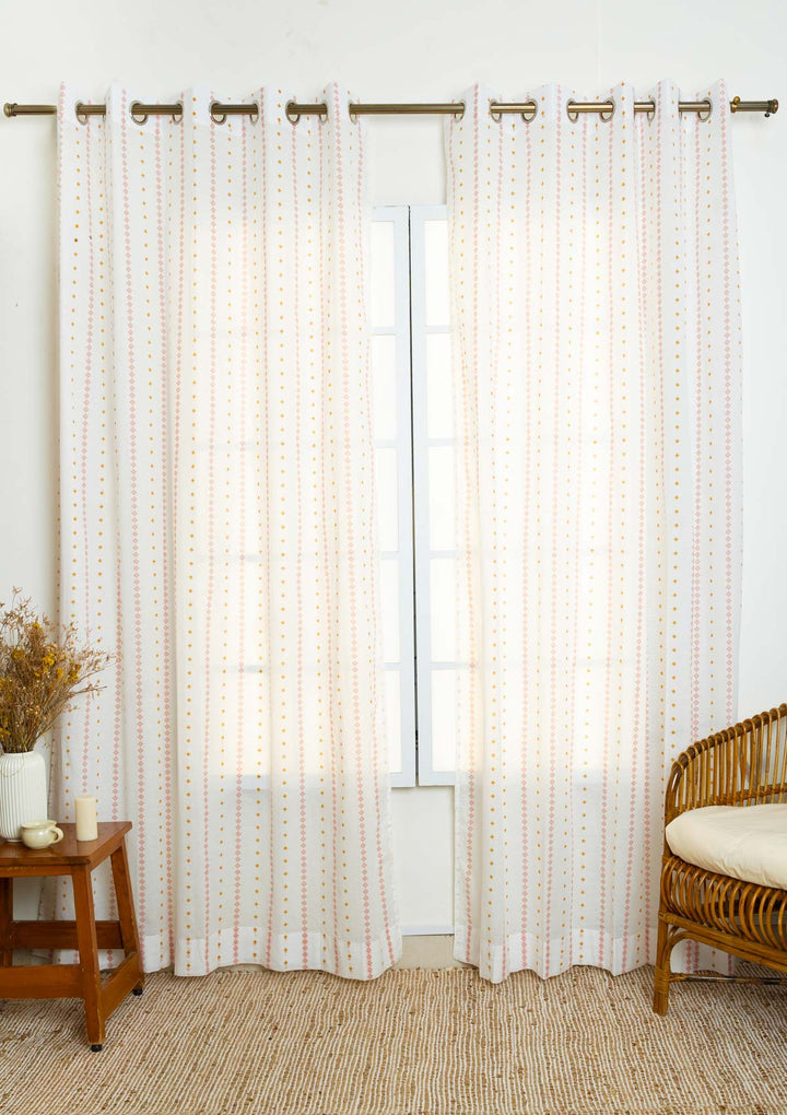 Mallige geometric minimal 100% cotton sheer curtain for living room - Light filtering - Rust and Mustard - Single Piece | SHOBITAM