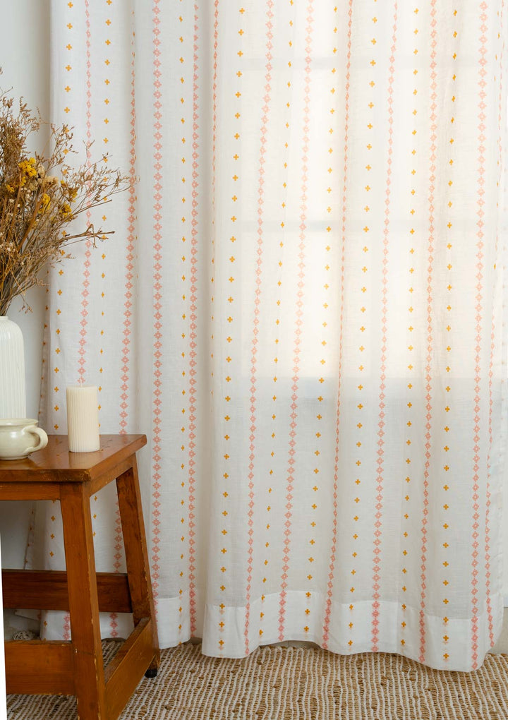 Mallige geometric minimal 100% cotton sheer curtain for living room - Light filtering - Rust and Mustard - Single Piece | SHOBITAM