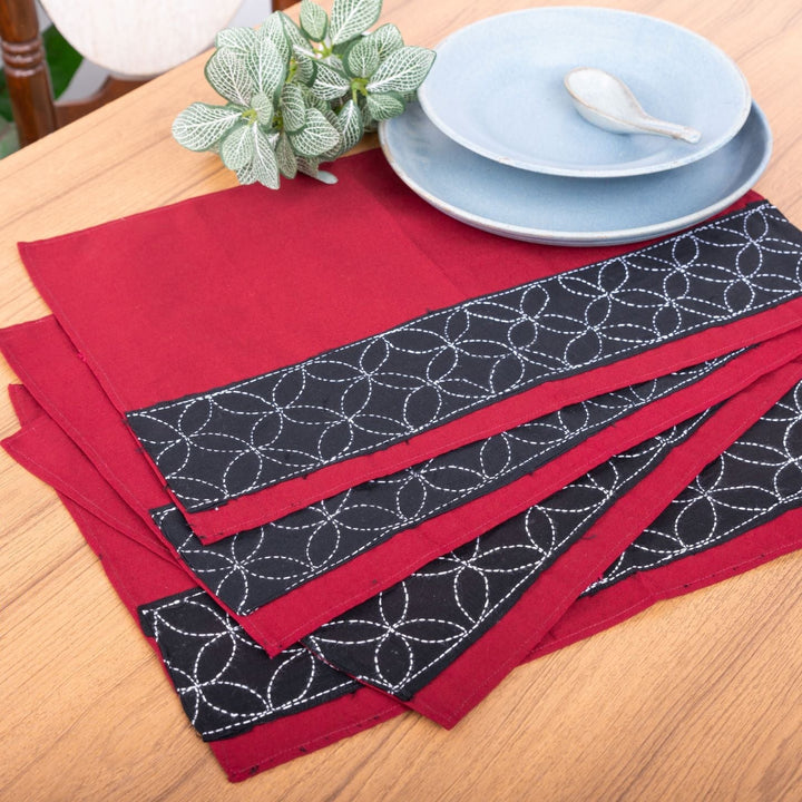 Maroon Black Kantha Cotton Table mat- set of 4 | SHOBITAM