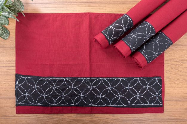 Maroon Black Kantha Cotton Table mat- set of 4 | SHOBITAM
