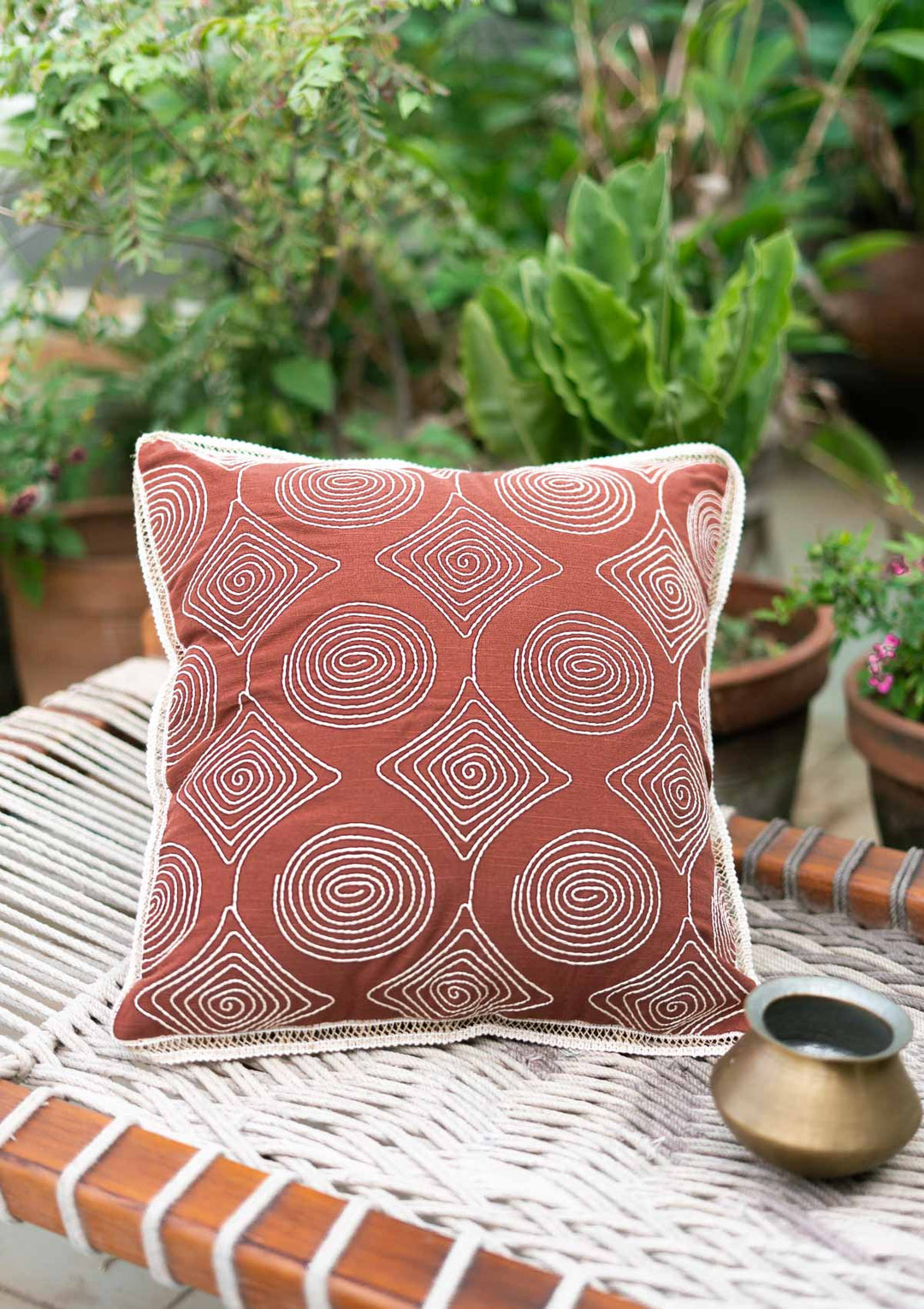 Maya Brick Red Geometric Embroidered Decorative Cushion Cover for Sofa – 100% Cotton 16" x 16" | SHOBITAM