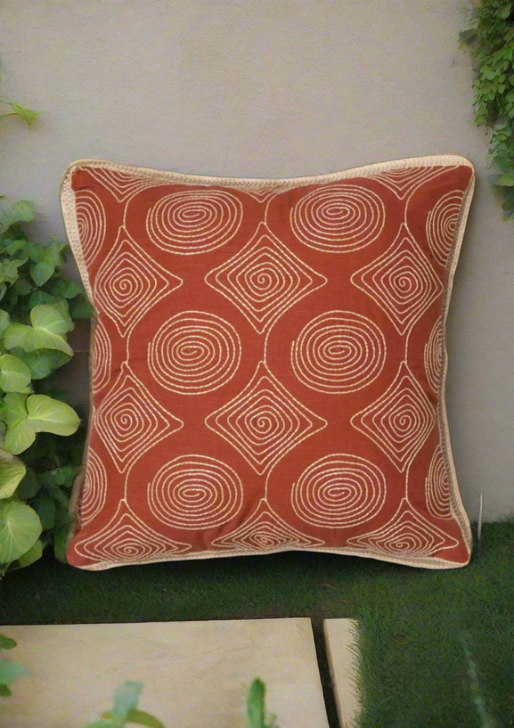 Maya Geometric Embroidered Decorative 100% Cotton Cushion Cover for Sofa - Brick Red