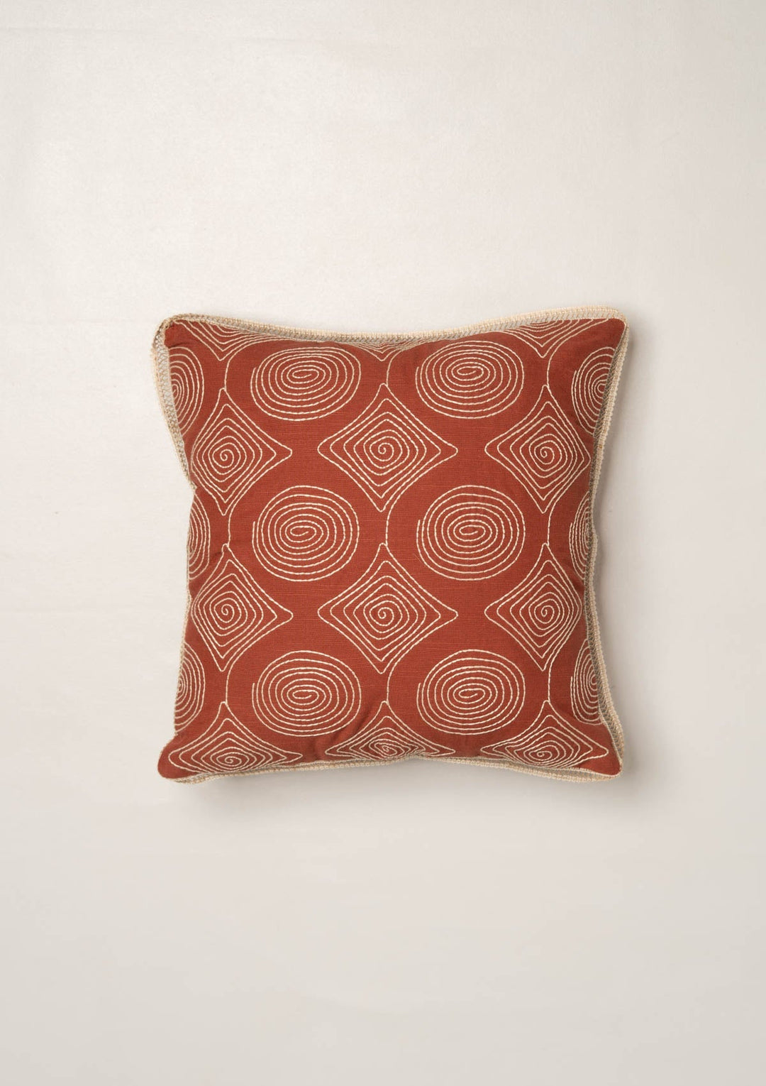 Maya Brick Red Geometric Embroidered Decorative Cushion Cover for Sofa – 100% Cotton 16" x 16" | SHOBITAM