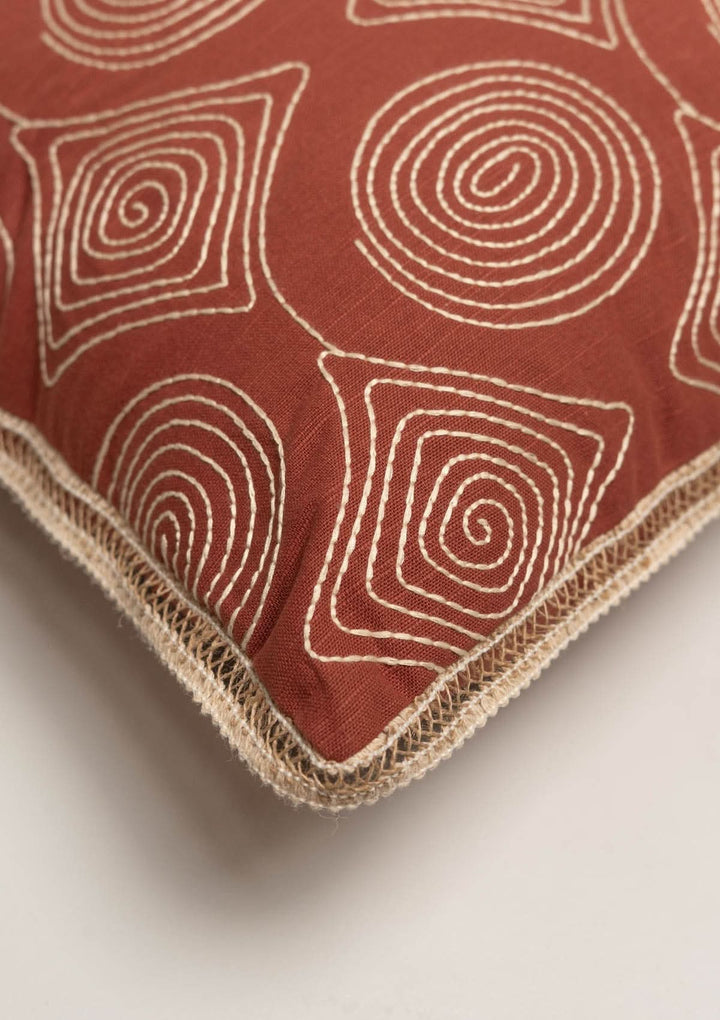 Maya Geometric Embroidered Decorative 100% Cotton Cushion Cover for Sofa - Brick Red