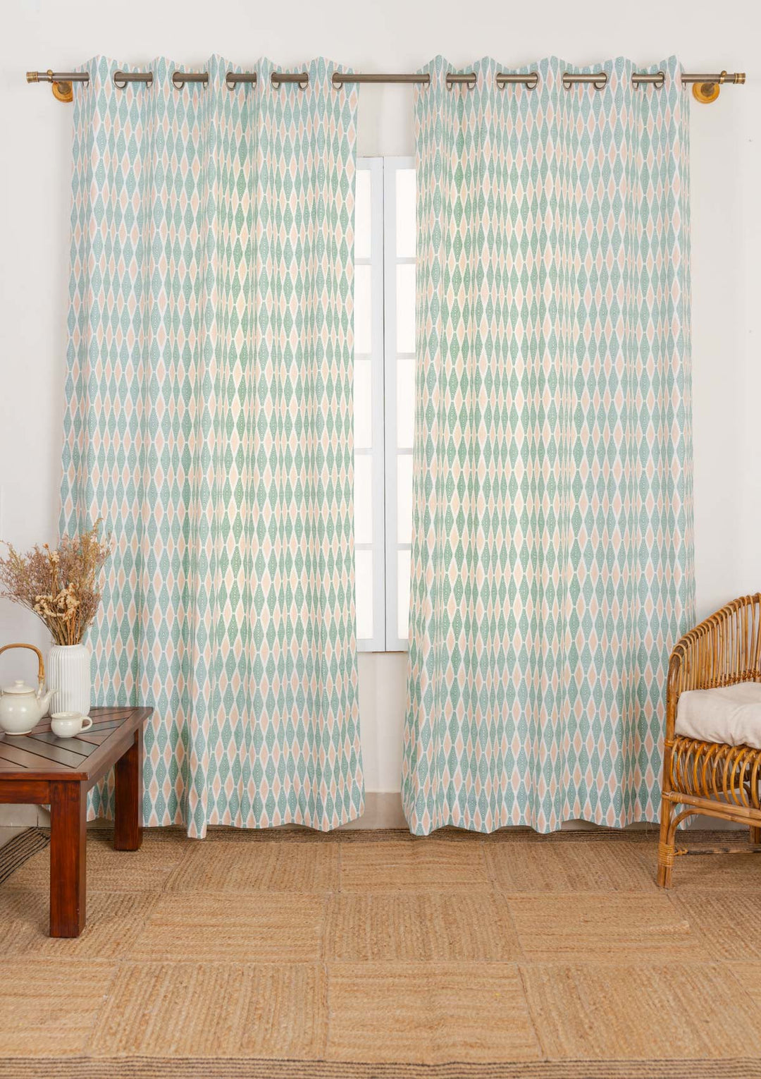 Maze 100% cotton geometric curtain for living room - Light Reduction - Sage green - Single - Single Piece | SHOBITAM