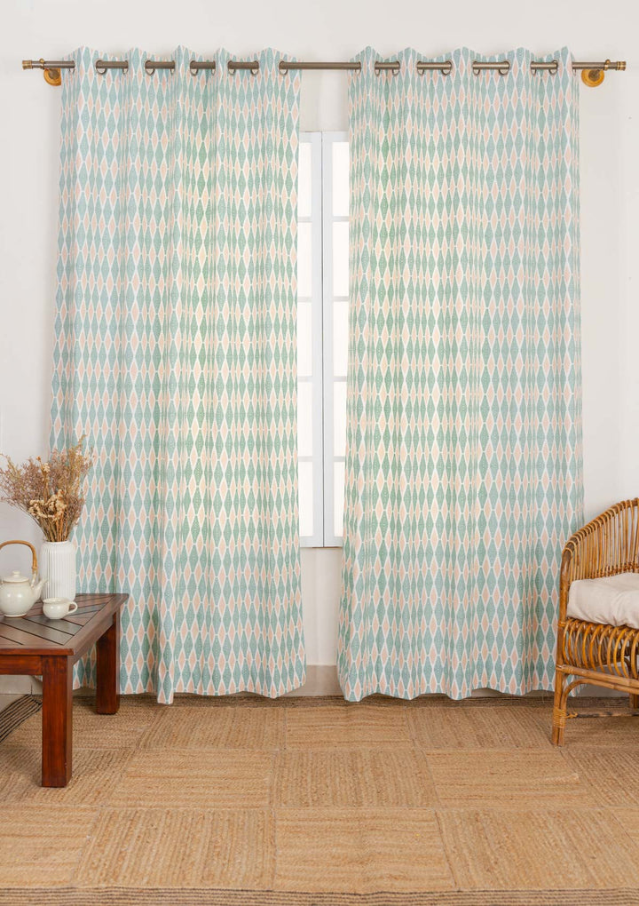 Maze 100% cotton geometric curtain for living room - Light Reduction - Sage green - Single - Single Piece | SHOBITAM