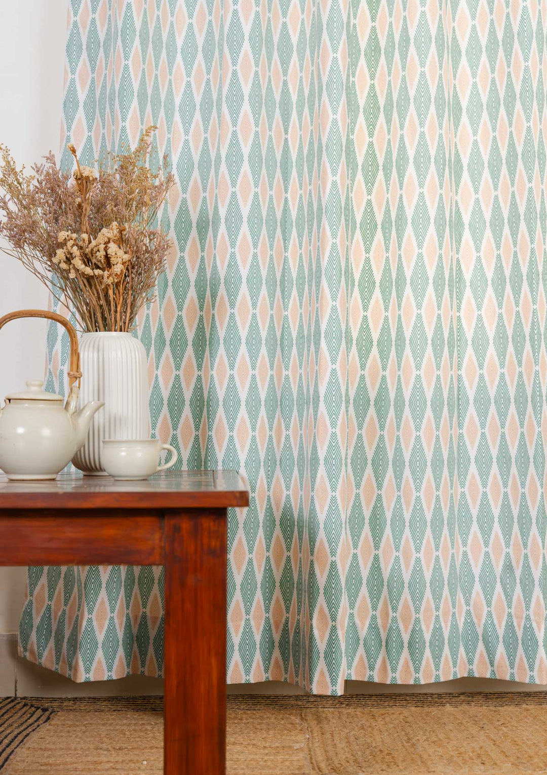 Maze 100% cotton geometric curtain for living room - Light Reduction - Sage green - Single - Single Piece | SHOBITAM