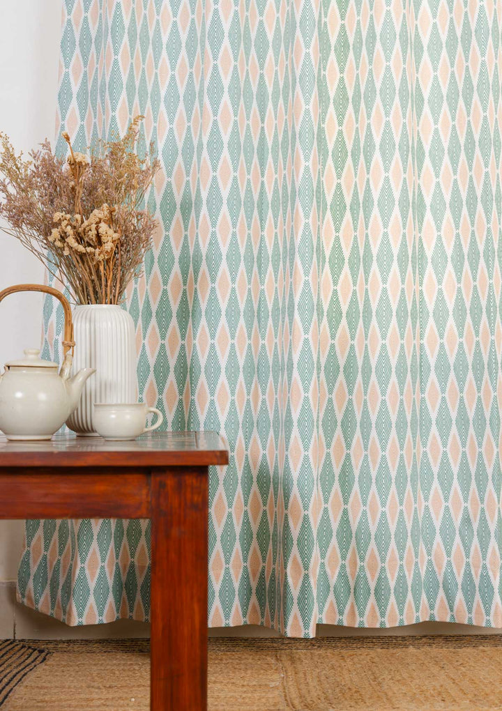 Maze 100% cotton geometric curtain for living room - Light Reduction - Sage green - Single - Single Piece | SHOBITAM