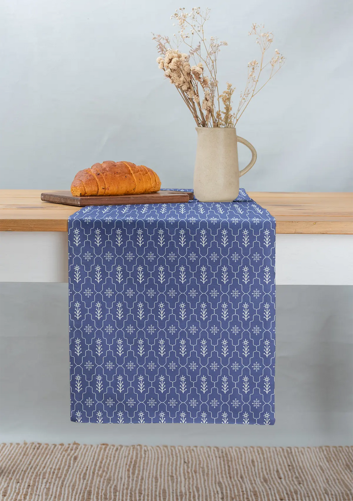 Meadows 100% cotton geometric table runner for 4 seater or 6 seater dining - Indigo | SHOBITAM