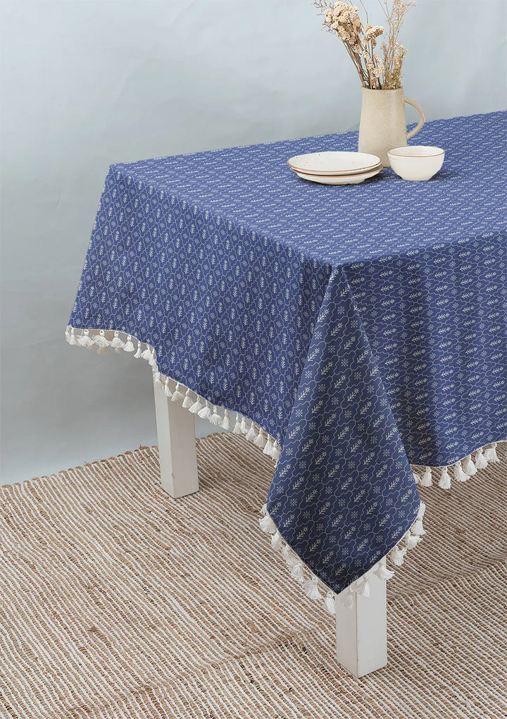 Meadows 100% cotton geometric table cloth for 4 seater or 6 seater dining with tassel - Indigo  | SHOBITAM