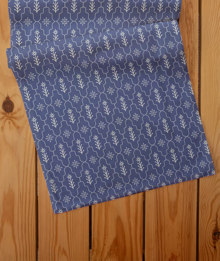 Meadows 100% cotton geometric table runner for 4 seater or 6 seater dining - Indigo | SHOBITAM