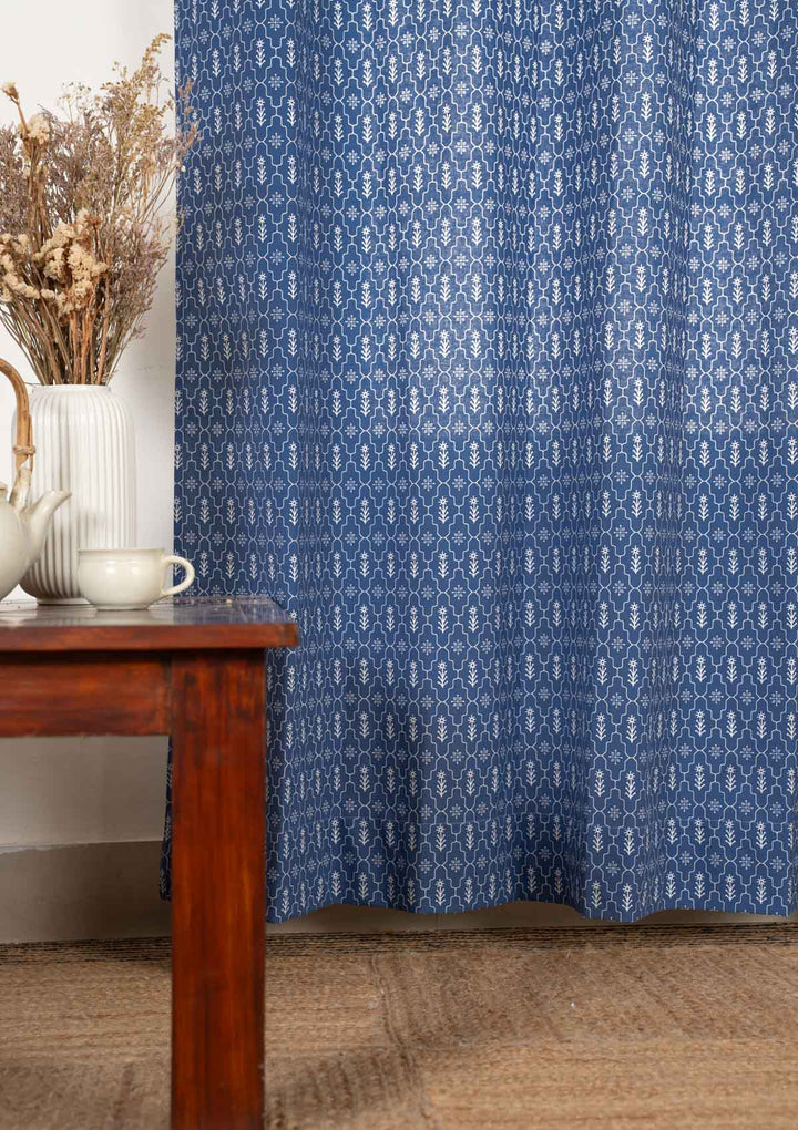 Meadows 100% cotton geometric curtain for bed room - Room darkening - Indigo - Single - Single Piece | SHOBITAM