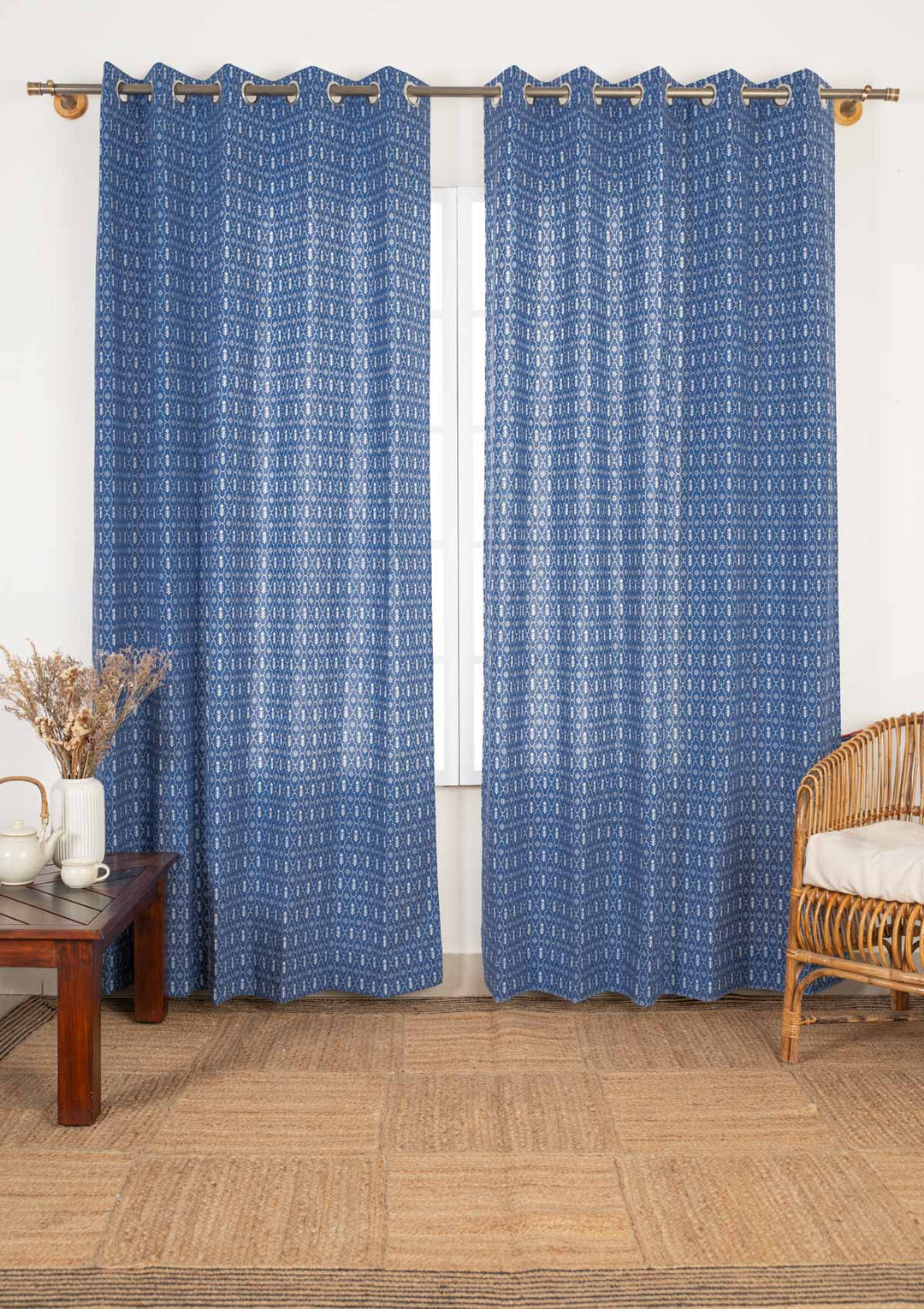 Meadows 100% cotton geometric curtain for bed room - Room darkening - Indigo - Single - Single Piece | SHOBITAM